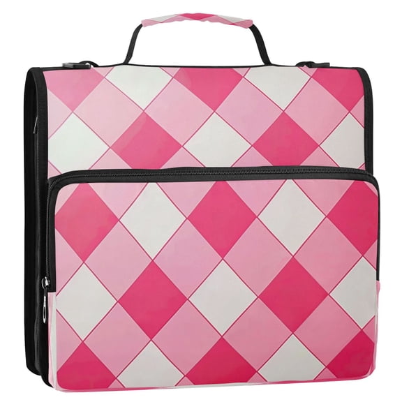 Circular Folder Package 13.6*3.5*12.4 Inches ,Binder BagBinder OrganizerZipper Binder3 Ring Binder ,Suitable for Work Pink Check