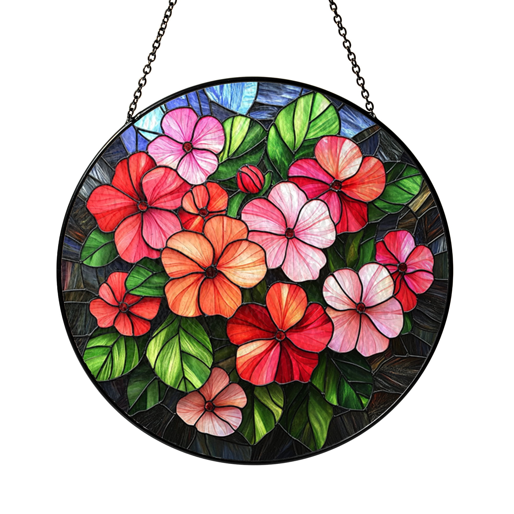 Circular Geranium Flower Pattern Stained Glass Style Window Hanging ...
