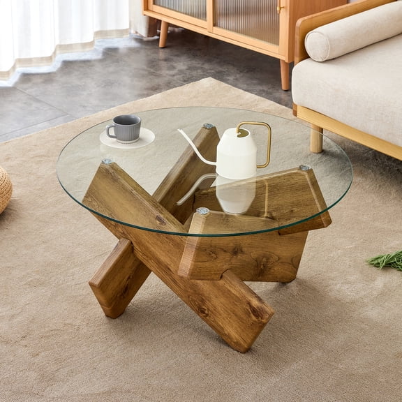 The Iron Hearth Circular Glass Coffee Table, for Living Room, Wood Colored Legs, Transparent Tempered Glass Tabletop