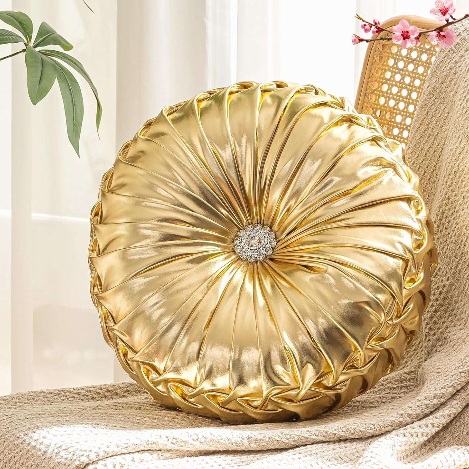 Circular Gold Pillows Handmade Pumpkin Pleated Throw Pillows Cushions Leather Home Decorative Pillows for Couch Sofa Bed Bedroom Living Room Office Decor Chair Cushion (Golden)