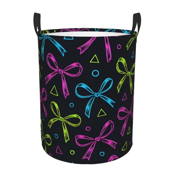 Circular Hamper Single Layer Laundry Basket Storage Basket Waterproof Single Layer Fabric With Handle Pe Support Strip Bold Thin Neon Contemporary Ribbon Bow Pattern Small