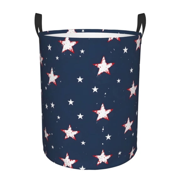 Circular Hamper Single Layer Laundry Basket Storage Basket Waterproof Single Layer Fabric With Handle Pe Support Strip Independence Day Theme Star (12) Small