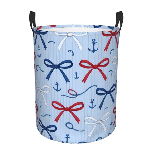 Circular Hamper Single Layer Laundry Basket Storage Basket Waterproof Single Layer Fabric With Handle Pe Support Strip Nautical Theme Thin Ribbon Bow Pattern Medium