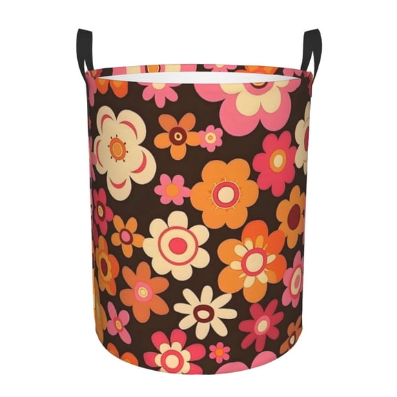 Circular Hamper Single Layer Laundry Basket Storage Basket Waterproof Single Layer Fabric With Handle Pe Support Strip Retro Groovy Flowers Pattern (10) Medium