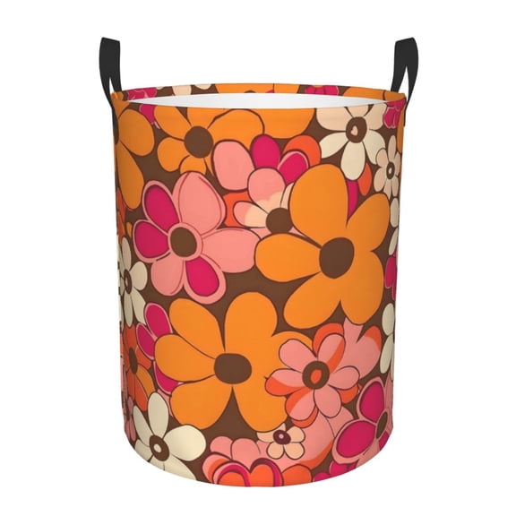Circular Hamper Single Layer Laundry Basket Storage Basket Waterproof Single Layer Fabric With Handle Pe Support Strip Retro Groovy Flowers Pattern (14) Small