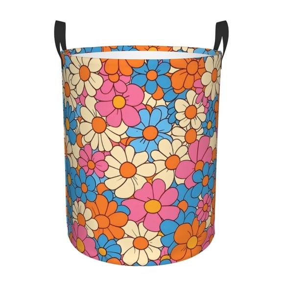 Circular Hamper Single Layer Laundry Basket Storage Basket Waterproof Single Layer Fabric With Handle Pe Support Strip Retro Groovy Flowers Pattern (5) Small