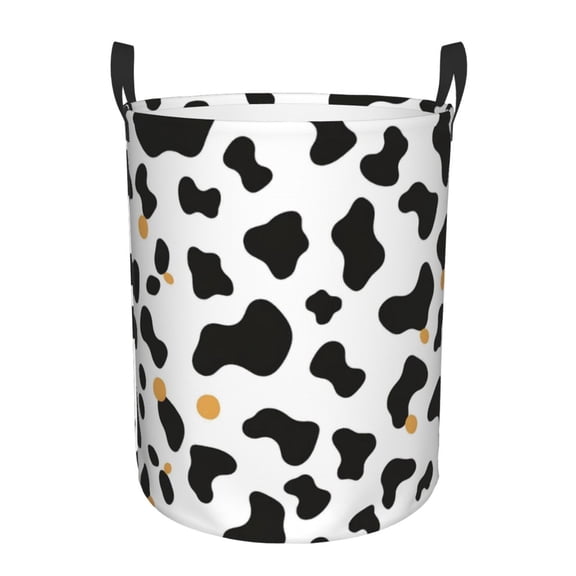 Circular Hamper Single Layer Laundry Basket Storage Basket Waterproof Single Layer Fabric With Handle Pe Support Strip Simple Cow Print Pattern, Vector Art Style_2 Medium