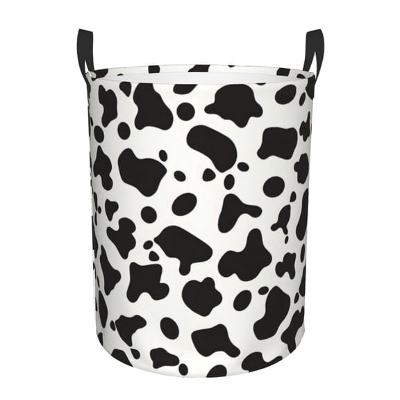 Circular Hamper Single Layer Laundry Basket Storage Basket Waterproof Single Layer Fabric With Handle Pe Support Strip Simple Cow Print Pattern, Vector Art Style_3 Medium