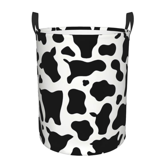 Circular Hamper Single Layer Laundry Basket Storage Basket Waterproof Single Layer Fabric With Handle Pe Support Strip Simple Cow Print Pattern, Vector Art Style_4 Medium