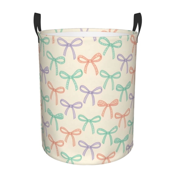 Circular Hamper Single Layer Laundry Basket Storage Basket Waterproof Single Layer Fabric With Handle Pe Support Strip Whimsical Thin Polka Dot And Striped Ribbon Bow Pattern Small
