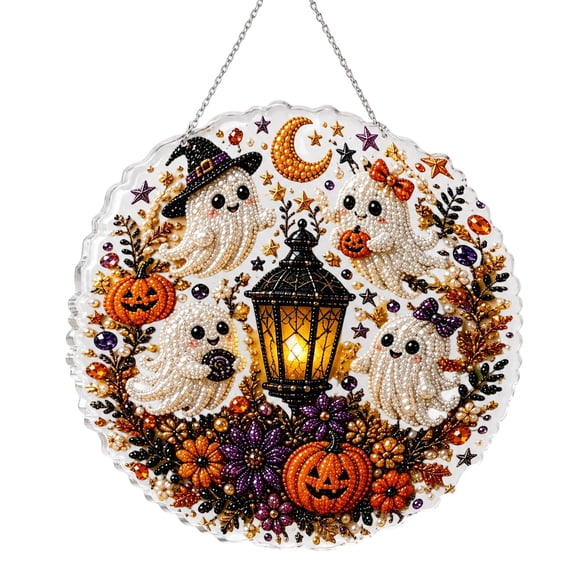 Circular Hanging Door Sign Pearl Painting Artwork, Halloween Cute Ghosts with Retro Lantern Artwork, Festive Gothic Halloween Party Home Door Wall Hanging Decorative Crafts