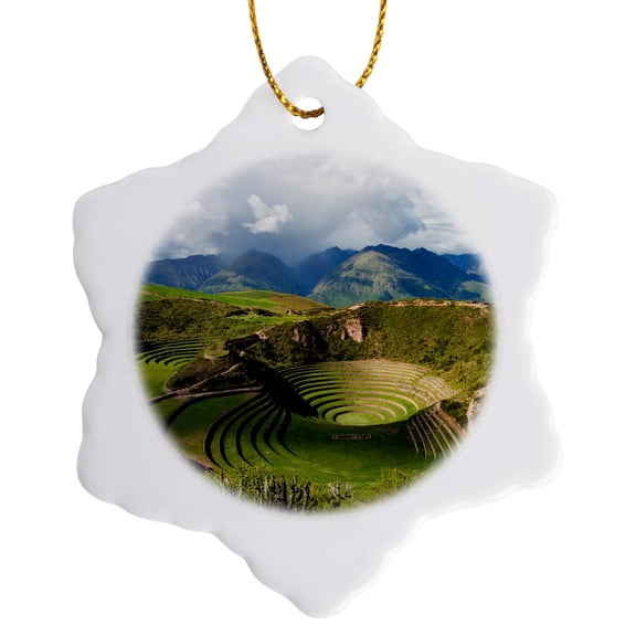 3drose, Circular Inca Terraces of Moray, Cusco, Urubamba, District, Peru, 3 inch Snowflake Porcelain Ornament