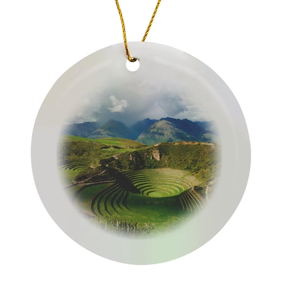 3drose, Circular Inca Terraces of Moray, Cusco, Urubamba, District, Peru, Circle Porcelain Ornament