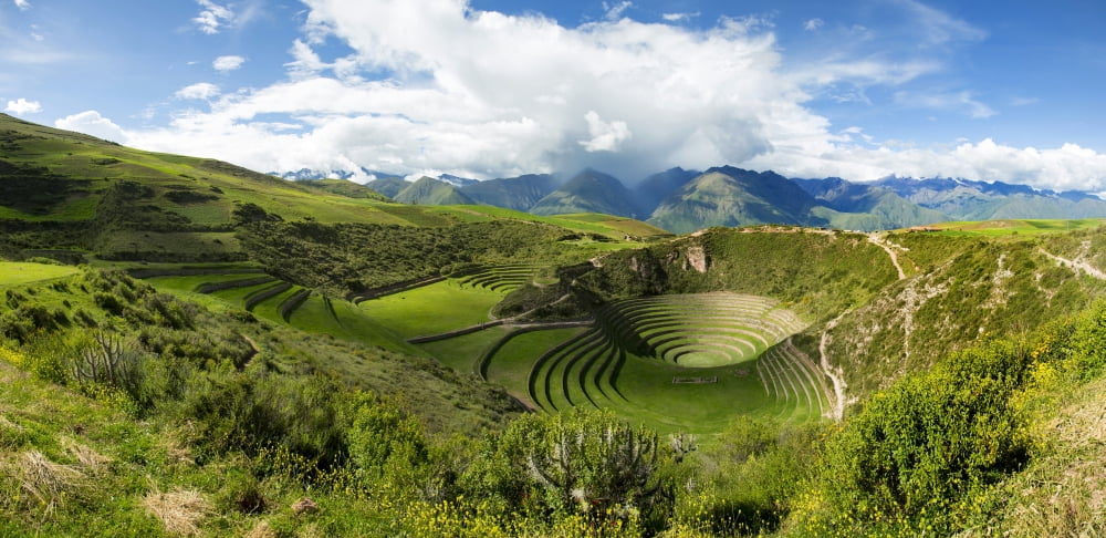 Circular Inca terraces of Moray Machupicchu District Urubamba Province Cusco Region Peru Canvas Art - Panoramic Images (19 x 9)