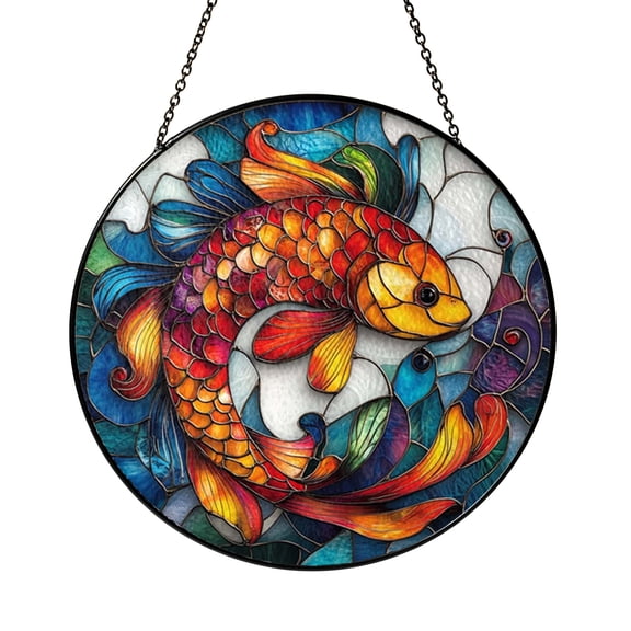 Circular Koi Fish Stained Glass Window Suncatcher, Vibrant Swimming Koi Design, Harmony and Prosperity Symbol, Serene Nature Home Decor