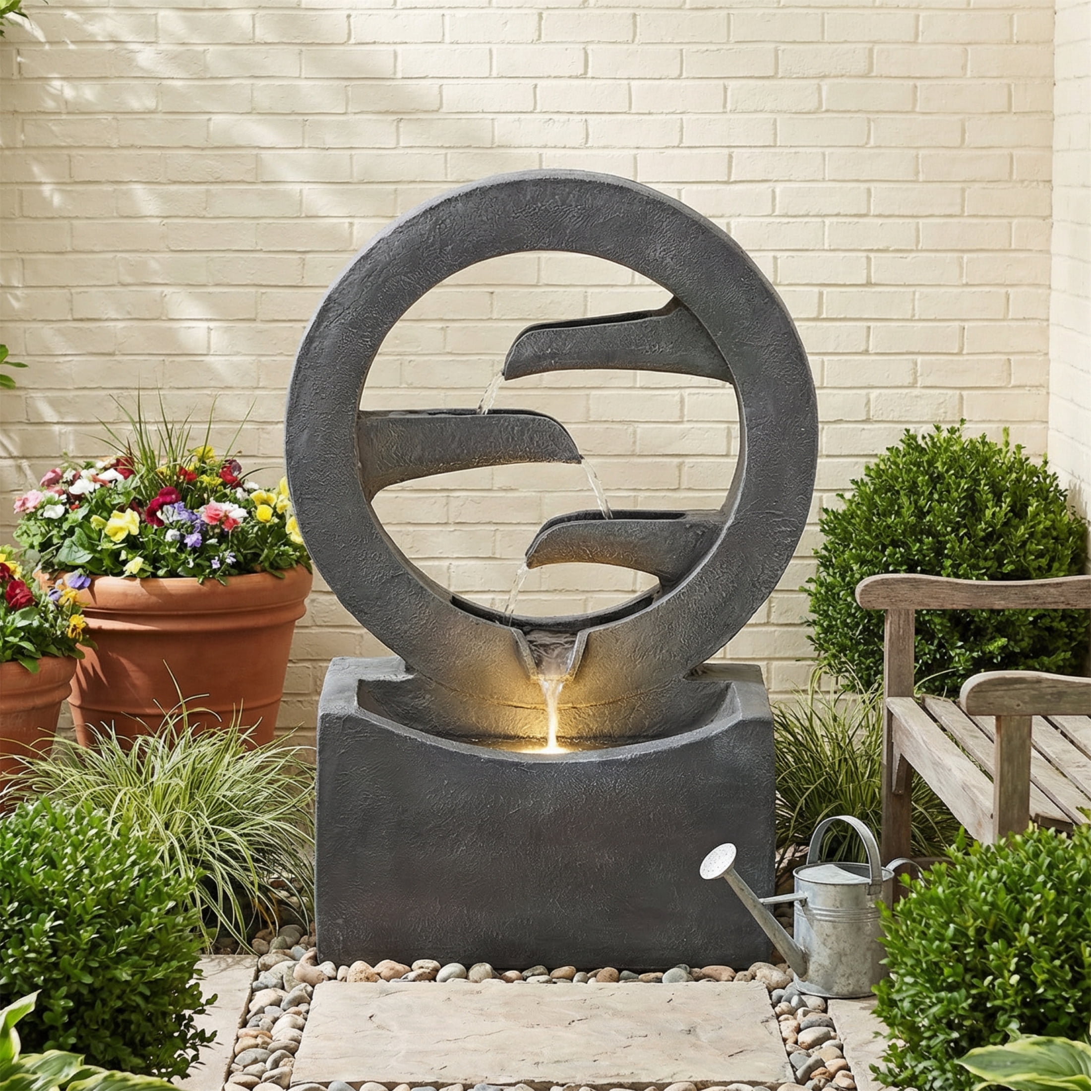 Circular LED Fountain, 26.77 Inch Gray Polyresin Outdoor Water Fountain for Patio Garden, Gray
