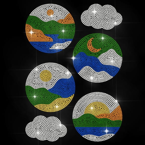 Circular Landscape Rhinestone Iron on Hotfix Transfer Mountain River Heat Transfer Sticker Sun Moon Cloud Bling Clothing Decoration Applique