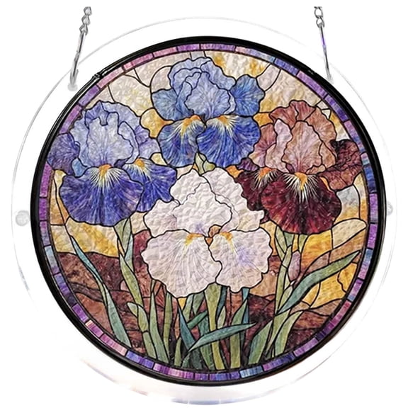 Circular Light Catching Acrylic Suncatcher With Mixed Tone Iris Flower Stained Glass Print, Retro Floral Wall Sign For Front Porch Entry Window Layout