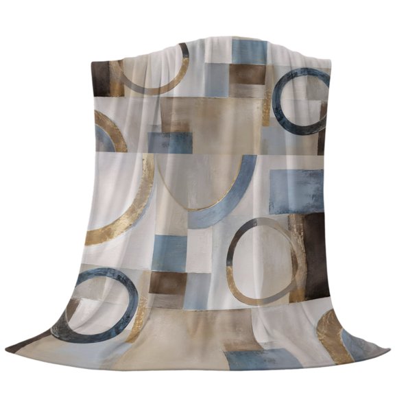 Circular Line Rings Throw Flannel Blanket Abstract Beige Blue Square Tile Color Patch Super Soft Cozy Bed Blanket, Lightweight Plush Fuzzy Bed Throw for Bedroom Sofa Couch Living Room 30x40in