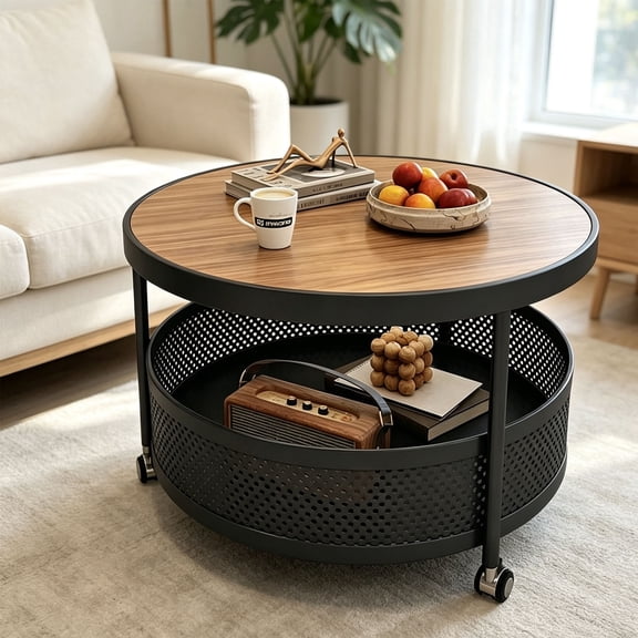 Circular Living Room Tea Table Double Layer Storage Space Lockable Rolling Wheels Walnut Black 60 Cm 1 Unit