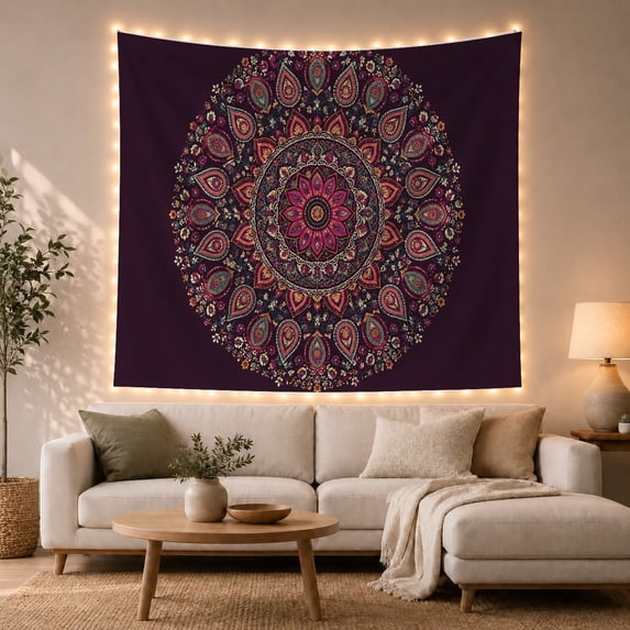 Circular Mandala with Floral Center on Deep Plum Background, Mystical Boho for Boho Decor Lovers, Symmetrical Radial Wall Art, Housewarming Gift Tapestry Wall Hanging for Bedroom and Living Room