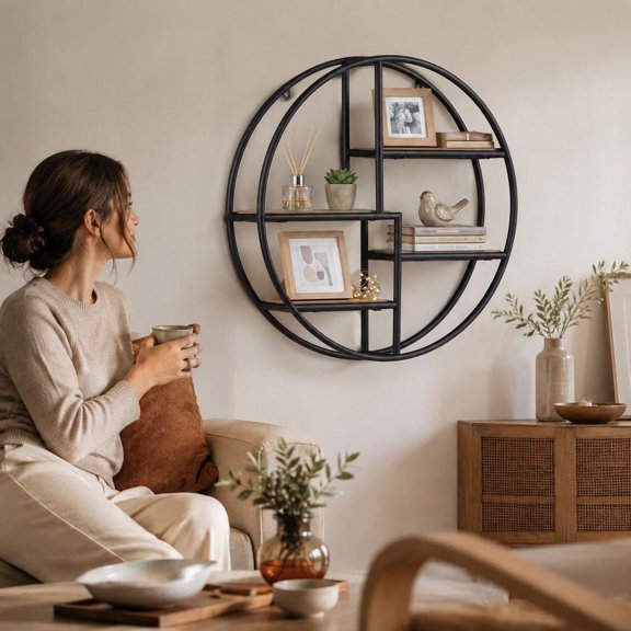 Circular Metal Shelf, 4-Tier Wall Mounted Decorative Display Organizer with Wood-Textured Shelves for Living Room, Bedroom, Study