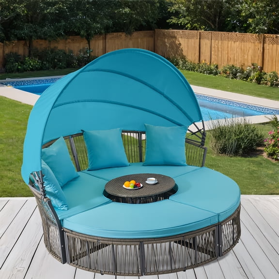 Circular Outdoor Daybed Featuring a Retractable Canopy And an Adjustable Table, Made of Wicker Rattan. This Patio Sectional Sofa Includes Waterproof Cushions And Pillows