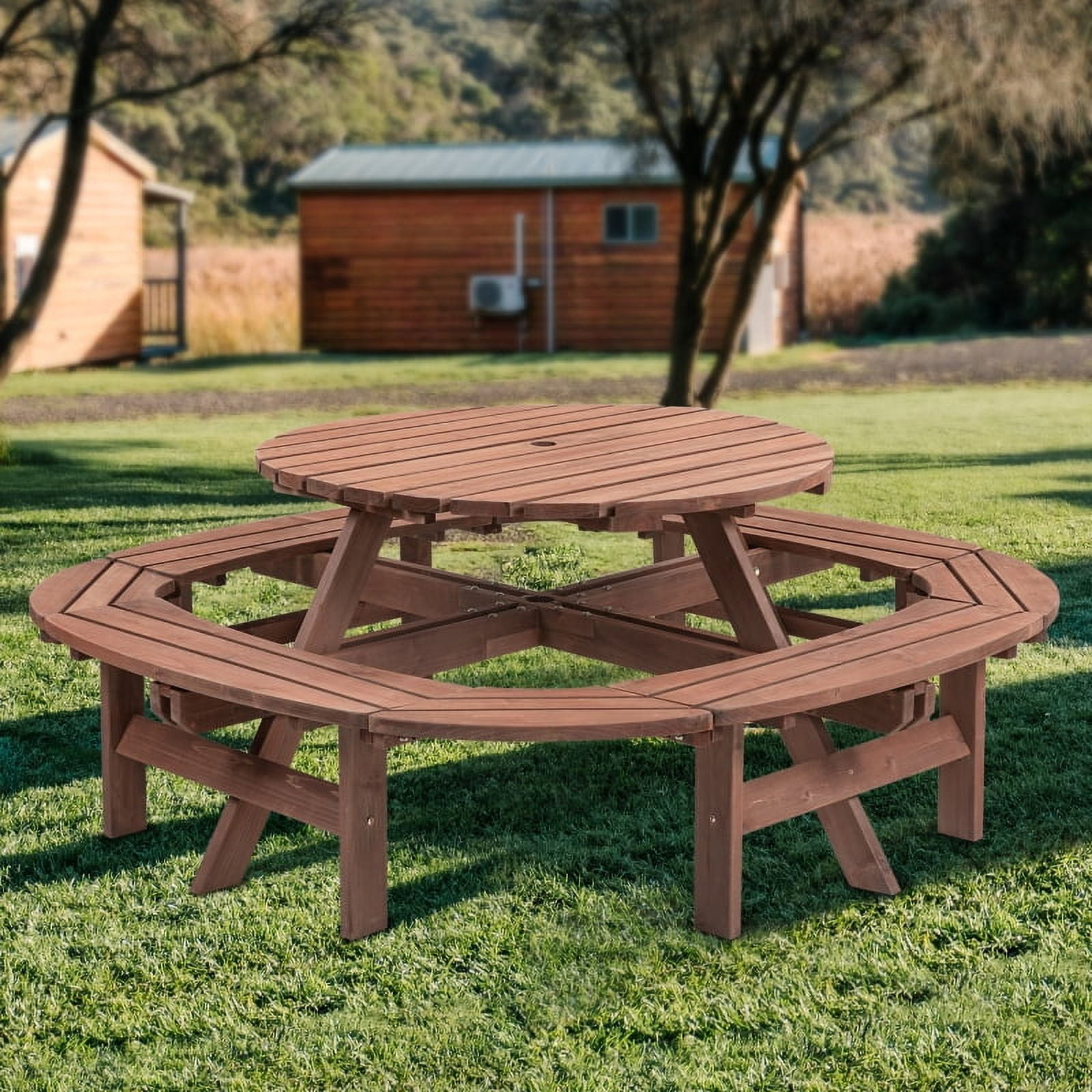 Circular Outdoor Wooden Picnic Table for Patio, Backyard, Garden, DIY w/ 3 Built-in Benches ...