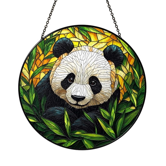 Circular Panda Stained Glass Window Panel Featuring Lush Green Yellow Leaves, Playful Wildlife Home Decor Accent