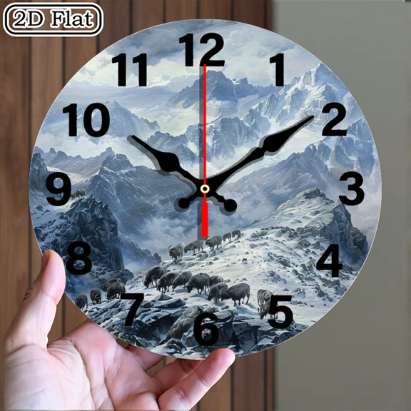 Circular Panoramic Mountain Landscape Wall Clock 10x10 Inch Rugged Wilderness Goat Scene Battery Not Included