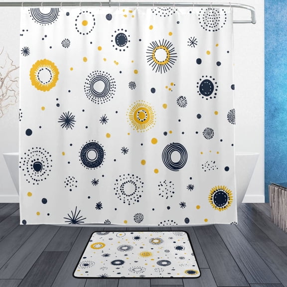Circular Pattern Design Bathroom Accessory Sets Waterproof Shower Curtain with Anti-Slip Bath Mat Durable Combo