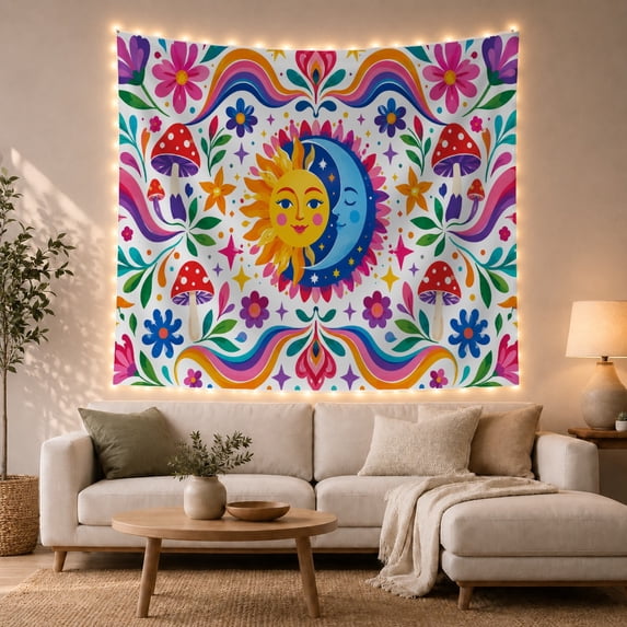 Circular Where Personified With Yellow Sun Smiling Face, Mystical Fantasy for Space Lovers, Galaxy Room Decor, Mother's Day Gift, Tapestry Wall Hanging for Bedroom and Dorm