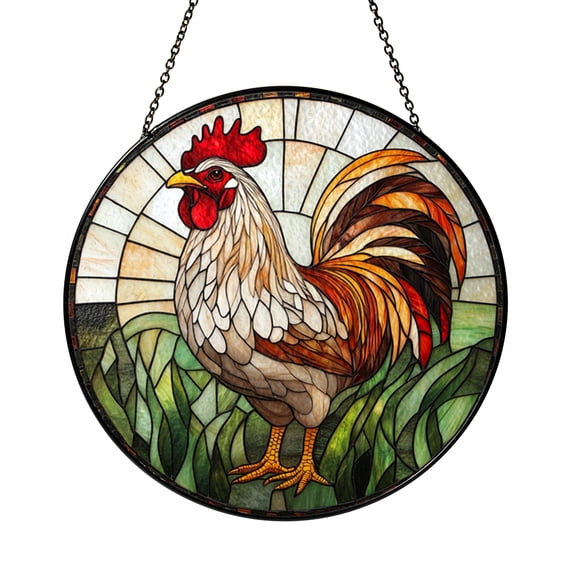 Circular Rooster Stained Glass Window Hanging, Vibrant Farmhouse Design with Red White Accents for Cozy Rural Style Decor