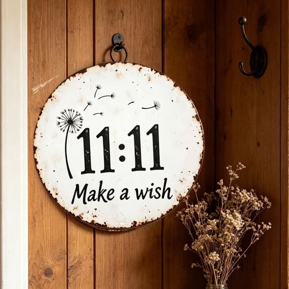 Circular Rustic Metal Sign with Dandelion 11:11 Make a Wish Design, Angel Number Wall Decor Inspirational Plaque for Bedroom Office