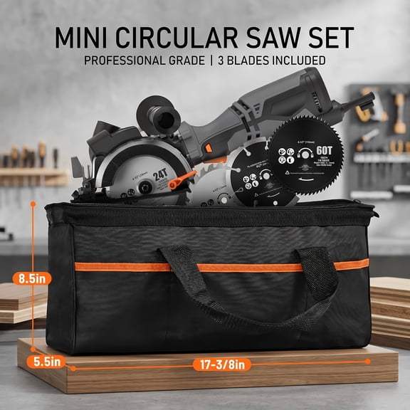 Circular Saw, 5.8A 4-1/2" Compact Circular Saw W/Contractor Bag, Laser Guide, Metal Auxiliary Handle, Multi-Material Cuts W/ 6 Saw Blades, Tool-Free Adjustment Of Angle & Depth (Max 1-11/16")