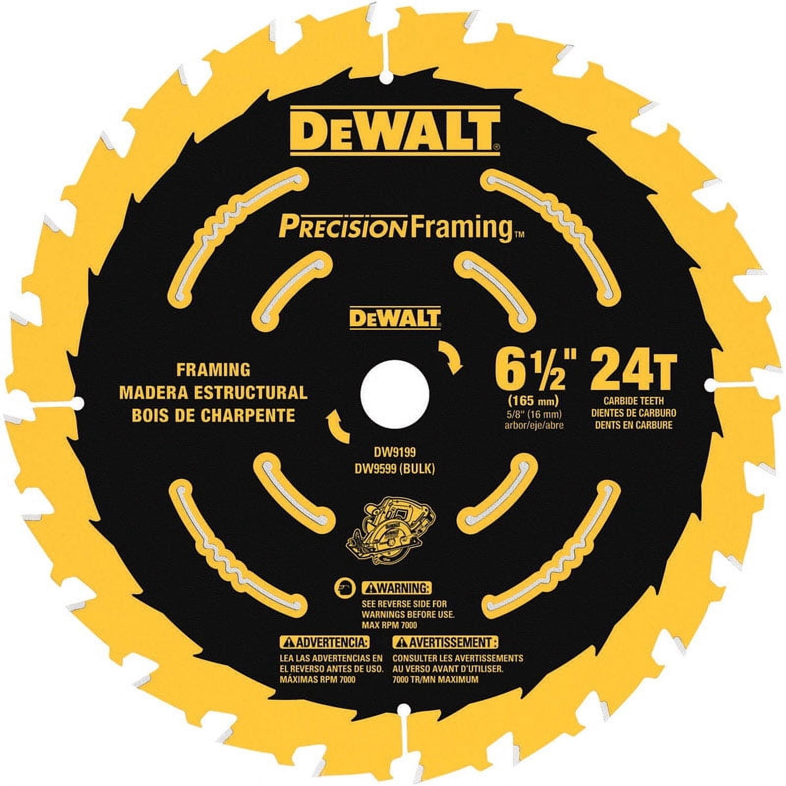 Circular Saw Blade, 6-1/2" D x 0.039" T, 24 Teeth, 5/8" Arbor Dewalt DW9199