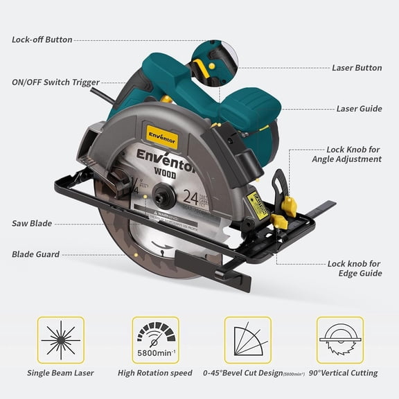 Circular Saw Corded, 11A Electric Circular Saws 7-1/4-Inch with Laser Guide, 2 Blade Saws (40T/24T), Max Cutting Depth 2-7/16"(90  ), 1-8/9"(0  -45  ), Single Handed Bevel, 6000RPM (Blue)