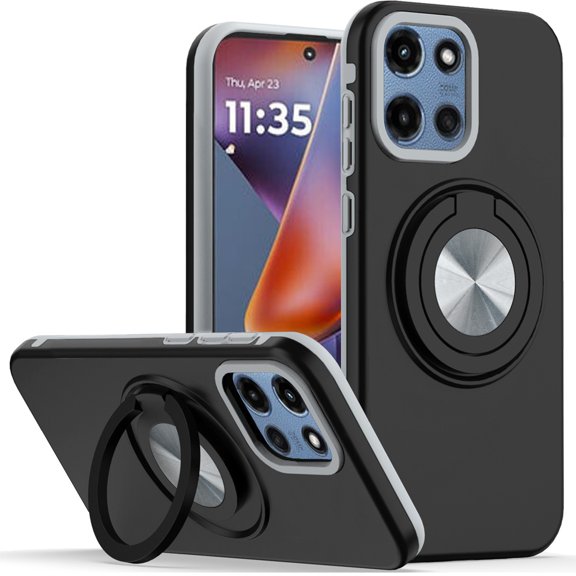 Circular Series Hybrid Case with Rotating Ring Stand for Motorola Moto G 2025 - Black