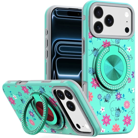 Circular Series Hybrid Case with Rotating Ring Stand for iPhone 17 Pro Max - Happy Bees