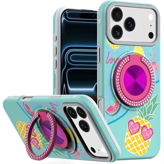 Circular Series Hybrid Case with Rotating Ring Stand for iPhone 17 Pro Max - Pineapple