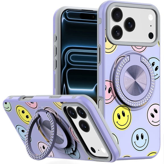 Circular Series Hybrid Case with Rotating Ring Stand for iPhone 17 Pro Max - Smiley Faces