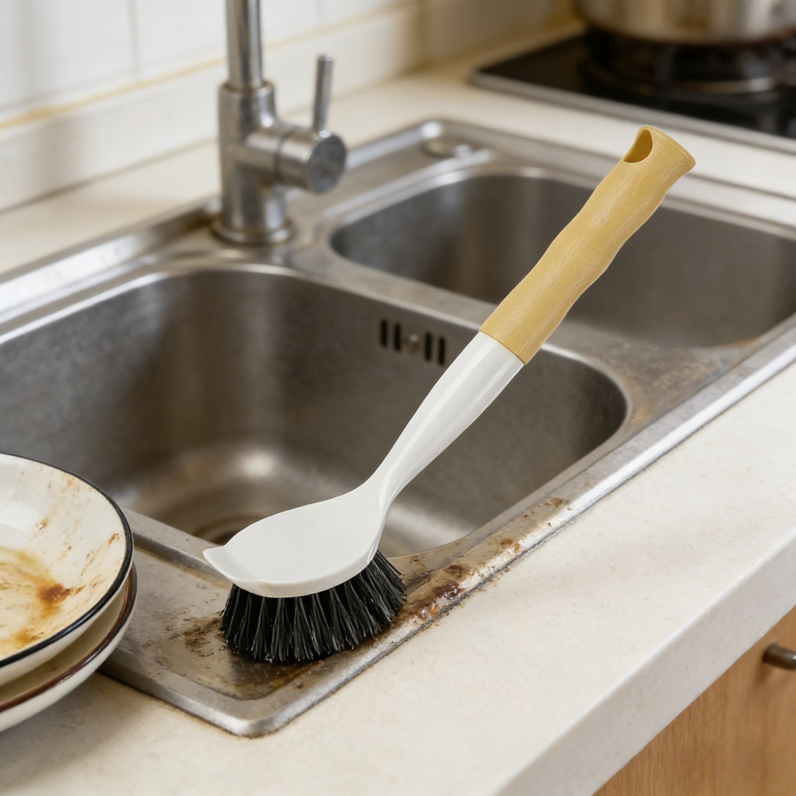 Circular Sink Brush Black Touch Handle Non Greasy Dishwashing Utensil 