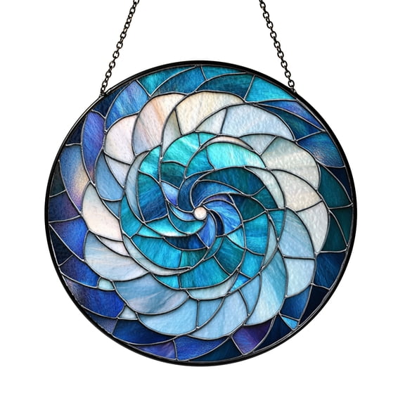 Circular Stained Glass Spiral Suncatcher Round Blue and White Window Hanging Textured Glass Design Decorative Art for Home