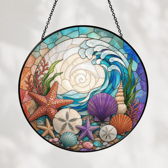 Circular Stained Glass Suncatcher Window Hanging Acrylic Coastal Shells & Starfish Gift