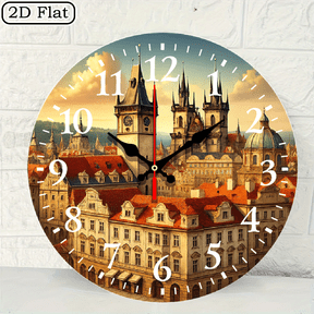 Circular Stylized European Cityscape Wall Clock Prague Inspired Architecture 10x10 Inch 1pc Battery Not Included