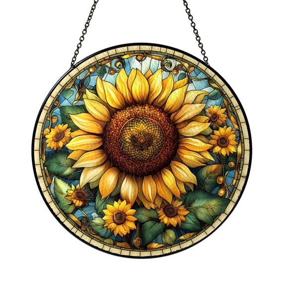 Circular Sunflower Stained Glass – Bright Window Hanging Panel