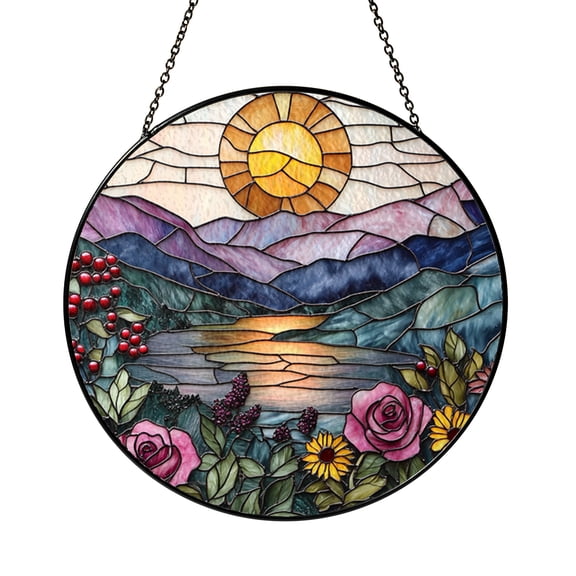 Circular Sunset Mountain Stained Glass Panel – Colorful Peaks and Blooming Flowers Window Decor