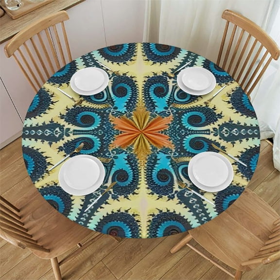 Circular Tablecloth Waterproof Elastic Edge Fractal Geometric Floral Background Pattern Polyester Table Covers for Parties and Banquets Fits Round Tables