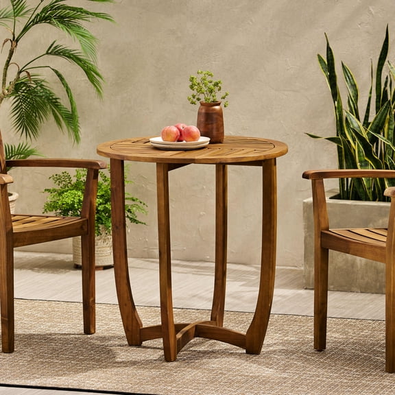 Circular Teak-Colored Wood Table | For Outdoor Relaxation | Withstands Outdoor Elements