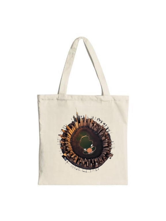 Circular Tote Bag with City Skyline in Brown & Orange Featuring Central Green Area - Perfect for Shopping Travel & Parties